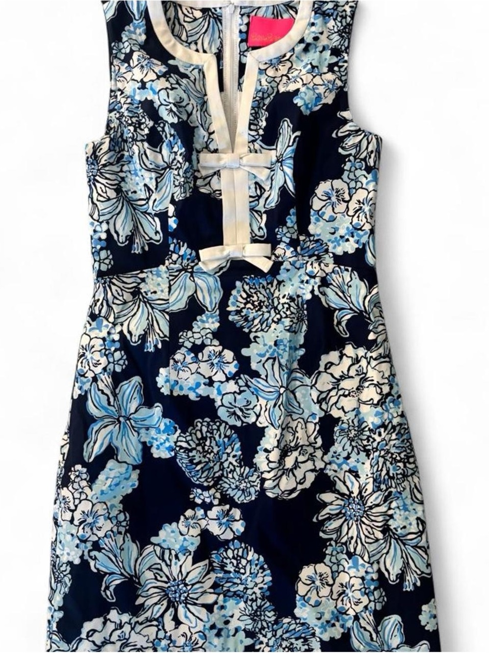 Lilly Pulitzer Navy Blue Floral Sleeveless Dress with Cream Trim